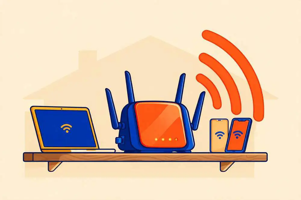 Router in fibra con laptop e smartphone collegati